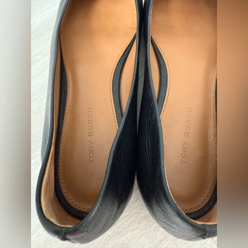Tory Burch Benton Ballet Flats Shoes Black Nappa Leather Gold Tone Logo Size 6